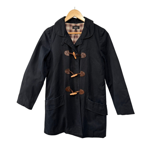 APC Paris S Wax Coated Leather Toggle Duffle Coat $495 Plaid Lined Jacket Black - Picture 2 of 12